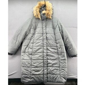 Roamans Puffer Coat Sz XL Faux Fur Hood Lined Winter Warm Grey